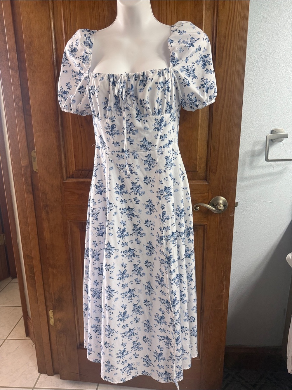 SHEIN White Maxi Dress with Blue Floral Print